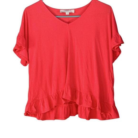 LOFT Ruffle Hem V-Neck Blouse Coral Short Sleeve Flowy Casual Feminine Style - Picture 1 of 6